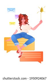 woman holding notification bell social media communication concept