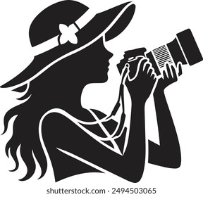 A woman holding on DSLR camera silhouette vector art with white background