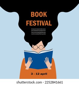 A woman is holding an open book and reading. Poster for book festival, education, culture festival, library or other reading or literature event. Vector illustration.