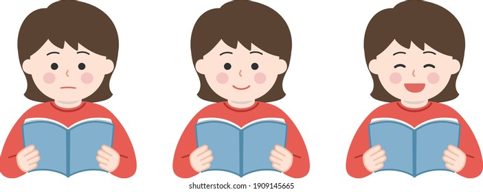 Woman holding open books and reading with different expressions. Vector illustration isolated on white background.