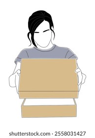 Woman holding and opening box and looking at it. The woman is curious about what is inside the box. Receiving online order, Christmas, New year, birthday gift. Vector outline hand drawn illustration