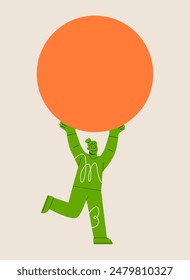 Woman holding orange circle banner. Colorful vector illustration
