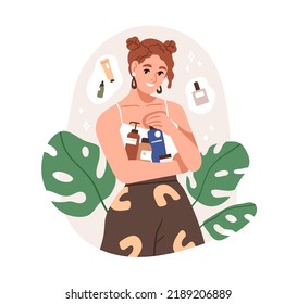 Woman holding organic cosmetic products. Happy girl with skincare cosmetics bottles, jars in hand. Female with eco vegan creams, lotions. Flat graphic vector illustration isolated on white background