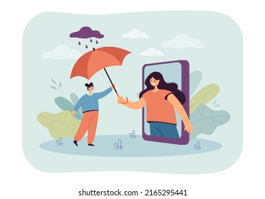 Woman holding out umbrella from phone screen to tiny girl. Female friend protecting from rain flat vector illustration. Friendly care and help concept for banner, website design or landing web page
