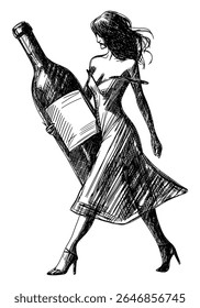 woman holding oversized large wine bottle isolated on white background walking in flowing dress and high heels hand drawn sketch illustration poster card fashion lifestyle celebration party design