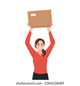 Woman holding package box up by her hands. Person working as a courier, delivery service. Brown package, idea of transportation. Flat vector illustration isolated on white background