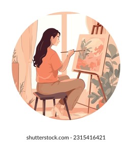 Woman holding paintbrushes, sitting at easels, creating isolated