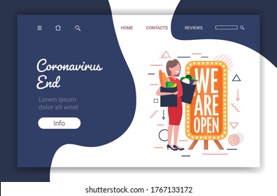 woman holding pakages with groceries we are open board coronavirus quarantine over shopping concept full length horizontal copy space vector illustration