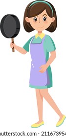 A woman holding a pan wearing apron cartoon character on white background illustration