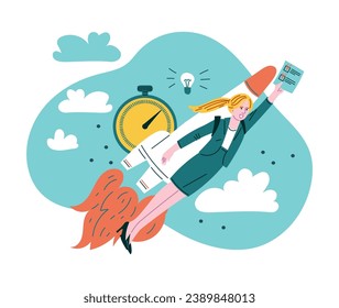 Woman holding paper doc in hand and flying together with rocket flat style, vector illustration isolated on white background. Decorative design element, productivity and success metaphor