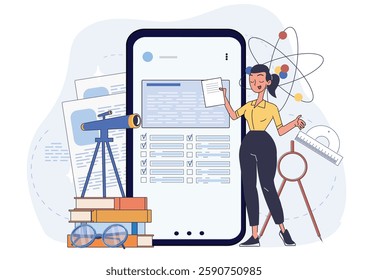 Woman holding paper in front of phone with checklist, cartoon style, on white background. Concept of education and online learning. Vector illustration