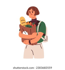 Mujer sosteniendo una bolsa llena de productos alimenticios. Comprador de clientes con alimentación fresca, verdura, compra en paquete kraft después de la compra. Ilustración vectorial plana aislada en fondo blanco