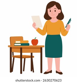 A woman holding a paper and pen stands by a desk with books and an apple.