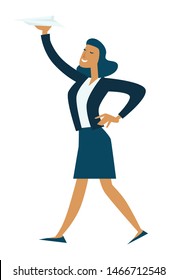 Woman holding paper plane businesswoman and idea vector isolated female character business strategy and project creation manager or marketologist girl in office suit management and leadership