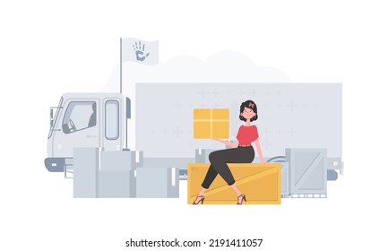 The woman is holding a parcel. Camp with humanitarian aid. trendy style. Vector.