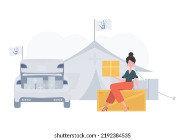 The woman is holding a parcel. Camp with humanitarian aid. Vector illustration.