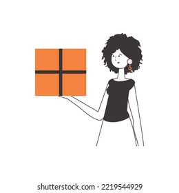 The woman is holding a parcel. The concept of the delivery of goods and parcels. Linear trendy style. Isolated on white background. Vector illustration.