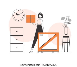 The woman is holding a parcel. The concept of the delivery of goods and parcels. Linear modern style.