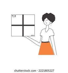 The woman is holding a parcel. The concept of the delivery of goods and parcels. Linear modern style. Isolated on white background. Vector illustration.