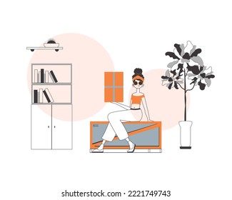 The woman is holding a parcel. Delivery concept. Linear modern style.