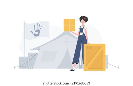 The woman is holding a parcel. The theme of humanitarian aid. trendy style. Vector illustration.