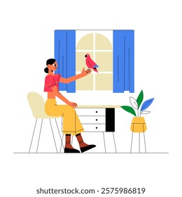 Woman Holding Parrot Near Desk In Home Interior In Flat Vector Illustration Symbolizing Pet Bonding, Relaxation, And Domestic Life, Isolated On White Background.