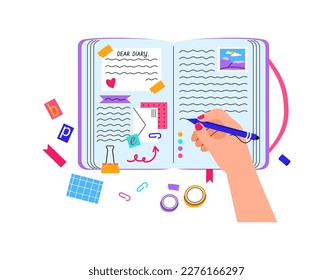 Woman holding pen, filling diary, taking notes in notebook, decorating with stick notes, photos, envelope and scotch.