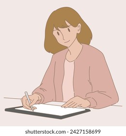 Woman holding pen, signing document on tablet device, putting  e-signature at official paper,  business deal contract. Hand drawn flat cartoon character vector illustration.