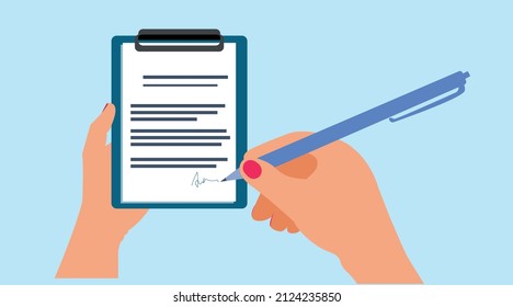 Woman holding pen and signing the file.
Woman with clipboard. Vector illustration. Flat style. Modern concept for web banners, websites, infographics.