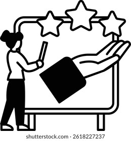 A woman is holding a pencil and drawing three stars on a board