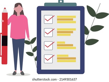 Woman holding pencil and fill out the checklist. Vector illustration of Marked checklist on a clipboard paper