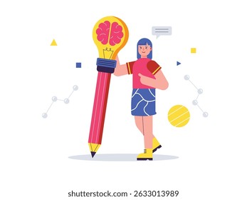 Woman holding pencil lamp big idea, looking for inspiration. Design character. Vector flat illustration
