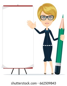 Woman holding a pencil and pointing to a blank poster. Stock vector illustration for poster, greeting card, website, ad, business presentation, advertisement design.