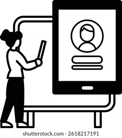 A woman is holding a pencil and standing in front of a tablet