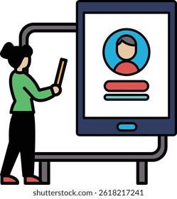 A woman is holding a pencil and standing in front of a tablet. The tablet has a person's face on it. The woman is likely drawing or writing something on the tablet