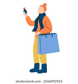 Woman Holding Perfume Bottle and Shopping Bag. Minimalist Illustration.