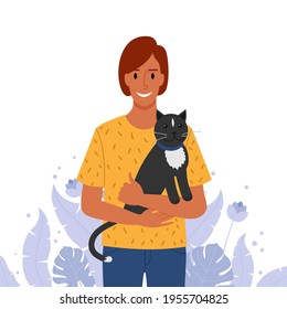 Woman holding pet cat conceptual illustration in flat style. Vector file.