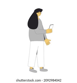 Woman holding a phone. Female person with gadjet inher hand. Vector character line art illustration isolated on white background.