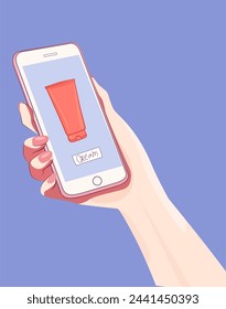 woman holding a phone in her hands. Orders cosmetics from an online store. Looks at the photo on the phone. Smartphone in hands on an isolated blue background. Vector illustration