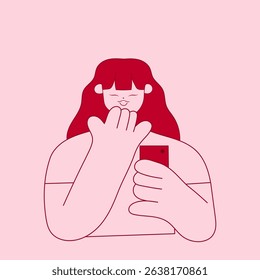 woman holding phone and laughing with hand over mouth