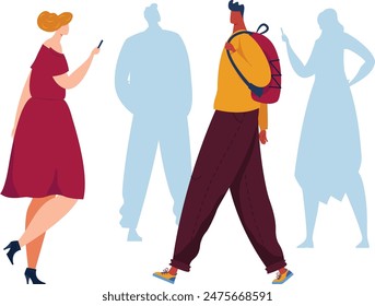 Woman holding phone looks while walking man carrying backpack. Diverse individuals strolling, dressed casual attire, silhouettes background. Abstract illustration depicting daily urban scene