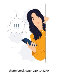 Woman holding phone and peeking behind the wall while startled, shocked, Surprised, curiosity, listening, discovery and Pay attention concept illustration