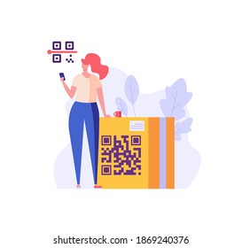 Woman holding phone with QR sign. User scanning QR-code for order delivery and tracking. Concept of QR code, mobile scanner, e-payment, qr verification. Flat vector illustration for UI, website, app