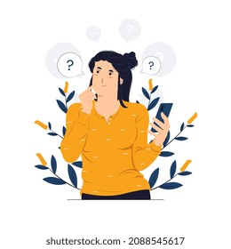 Woman holding phone with questioned, thinking, and confused with question mark looking up with thoughtful focused expression concept illustration