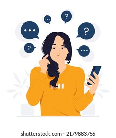 Woman holding phone with questioned, thinking, and confused with question mark looking up with thoughtful focused expression concept illustration