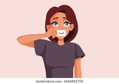 
Woman Holding a Phony Smile Card Vector Concept Illustration. Person hiding her true feelings faking being ok and happy