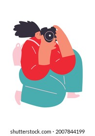 Woman holding photo camera. Flat vector illustration. Cartoon people. Woman character. Photographer.