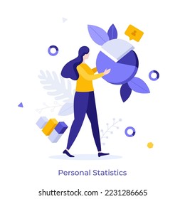 Woman holding pie chart divided into sectors. Concept of personal statistics, business analysis, statistical research, measuring proportion, ratio. Modern flat vector illustration for poster, banner.