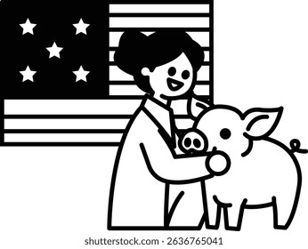 A woman is holding a pig and smiling. The pig is next to an American flag