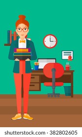 Woman holding pile of books.